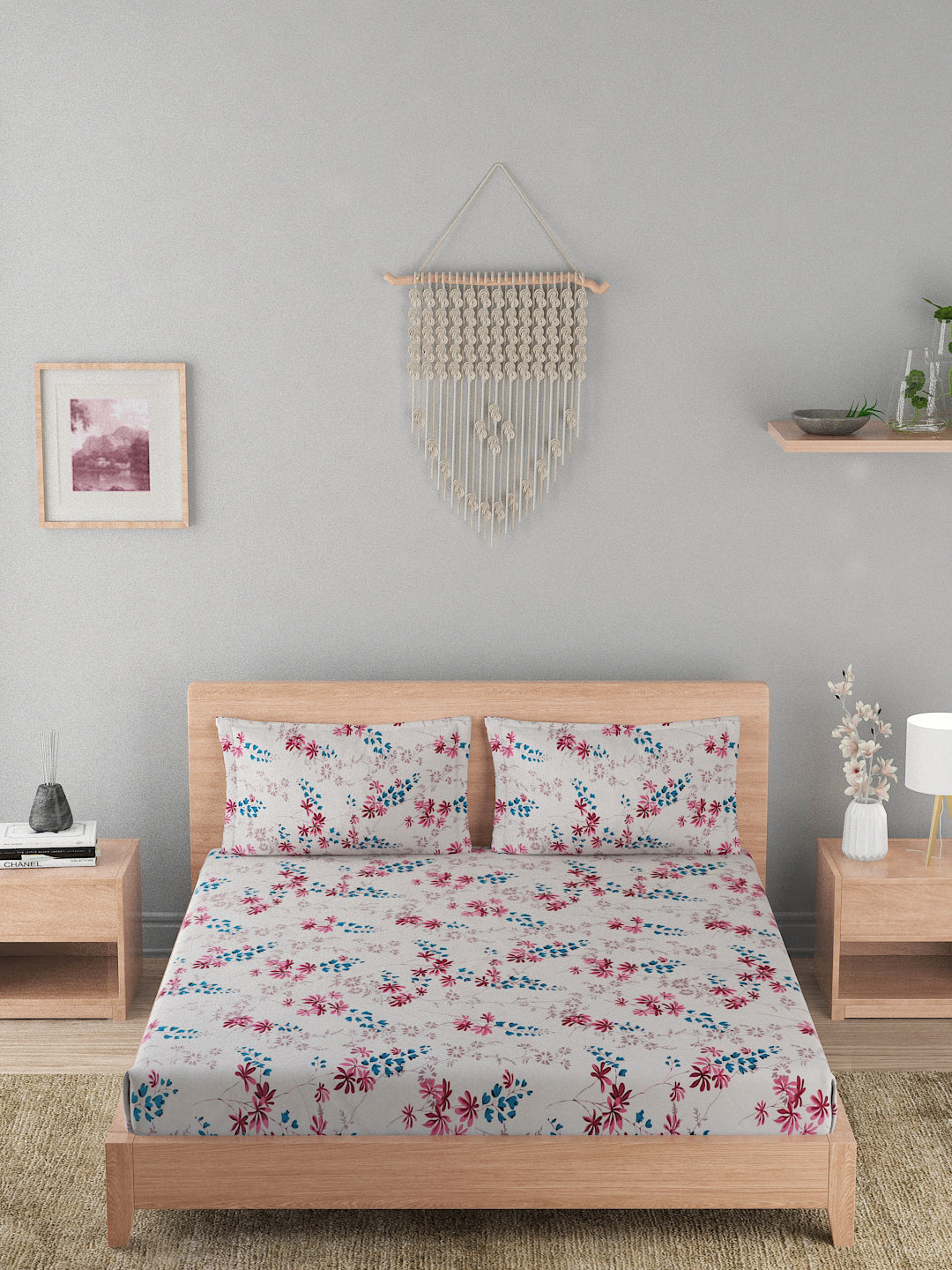180 TC Double Bed Cotton Bedsheet with 2 Pillow Covers-White,Pink