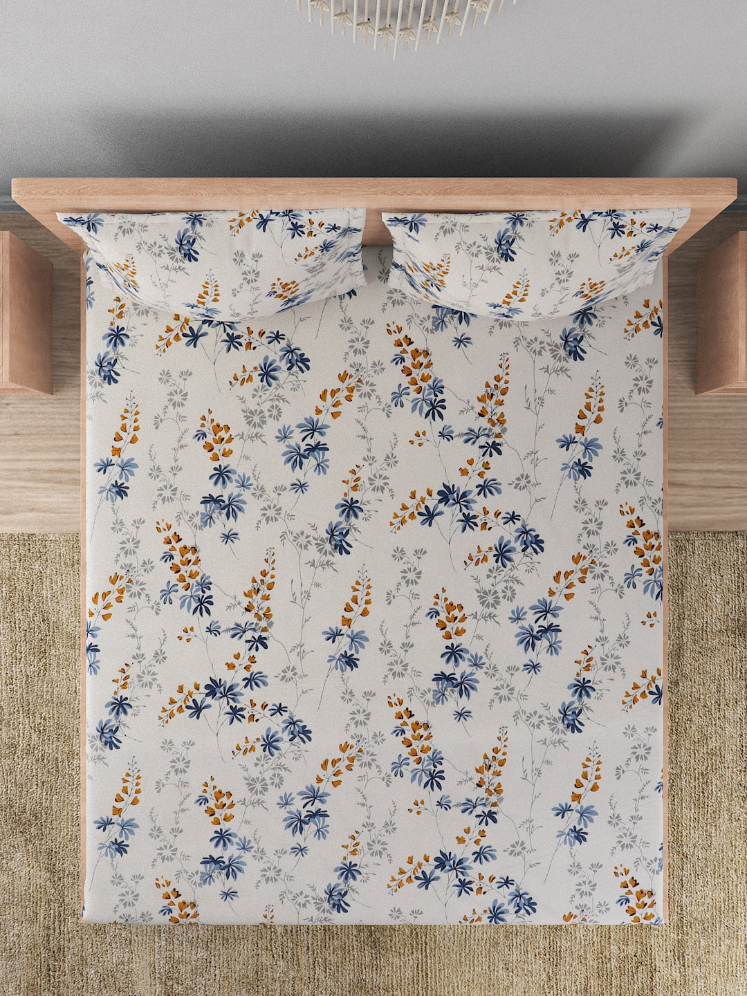 180 TC Double Bed Cotton Bedsheet with 2 Pillow Covers-White and Blue