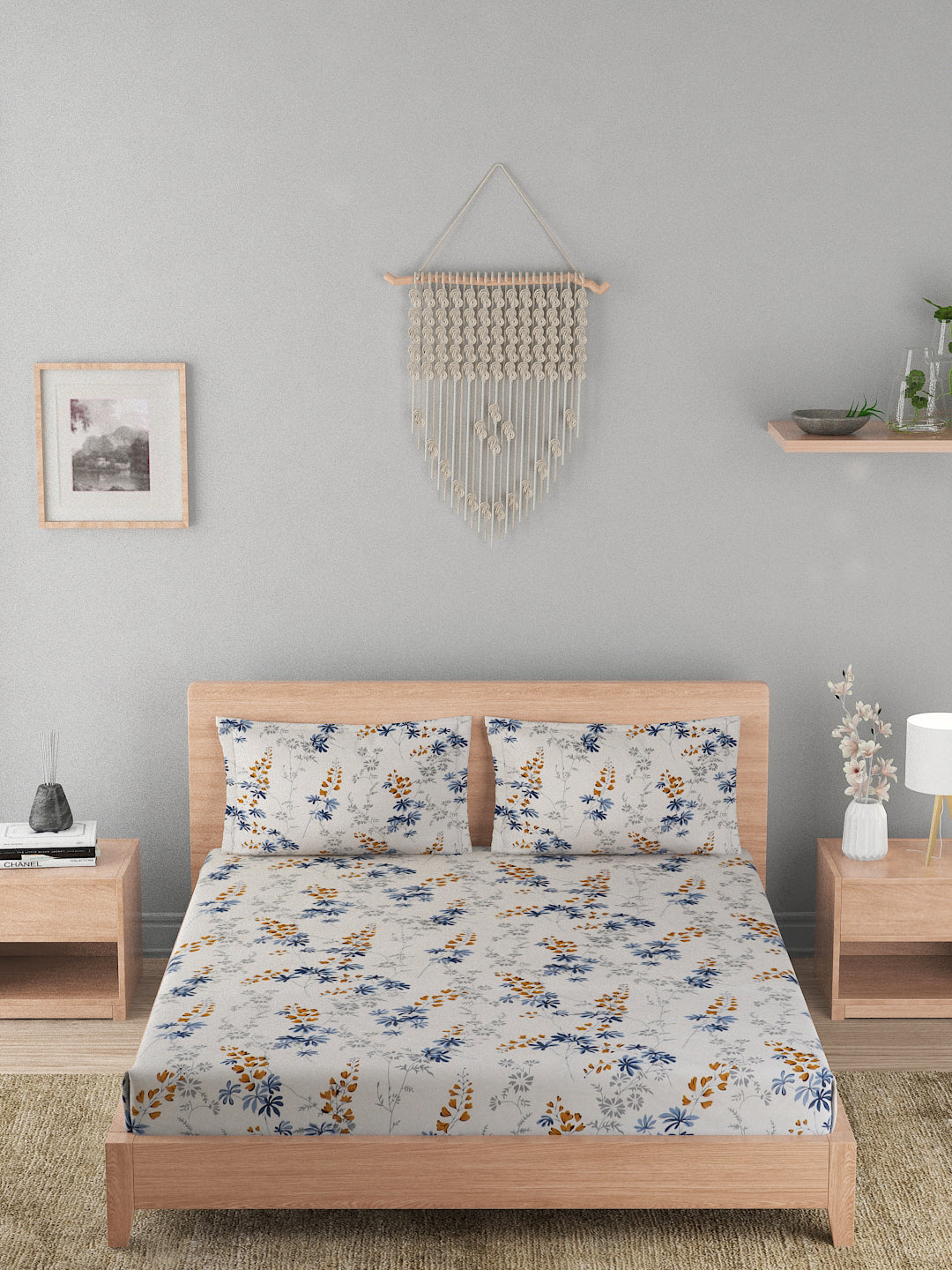 180 TC Double Bed Cotton Bedsheet with 2 Pillow Covers-White and Blue