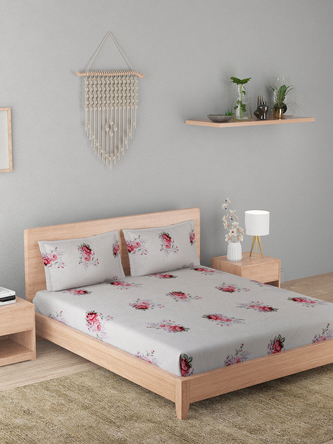180 TC Double Bed Cotton Bedsheet with 2 Pillow Covers-Floral Red