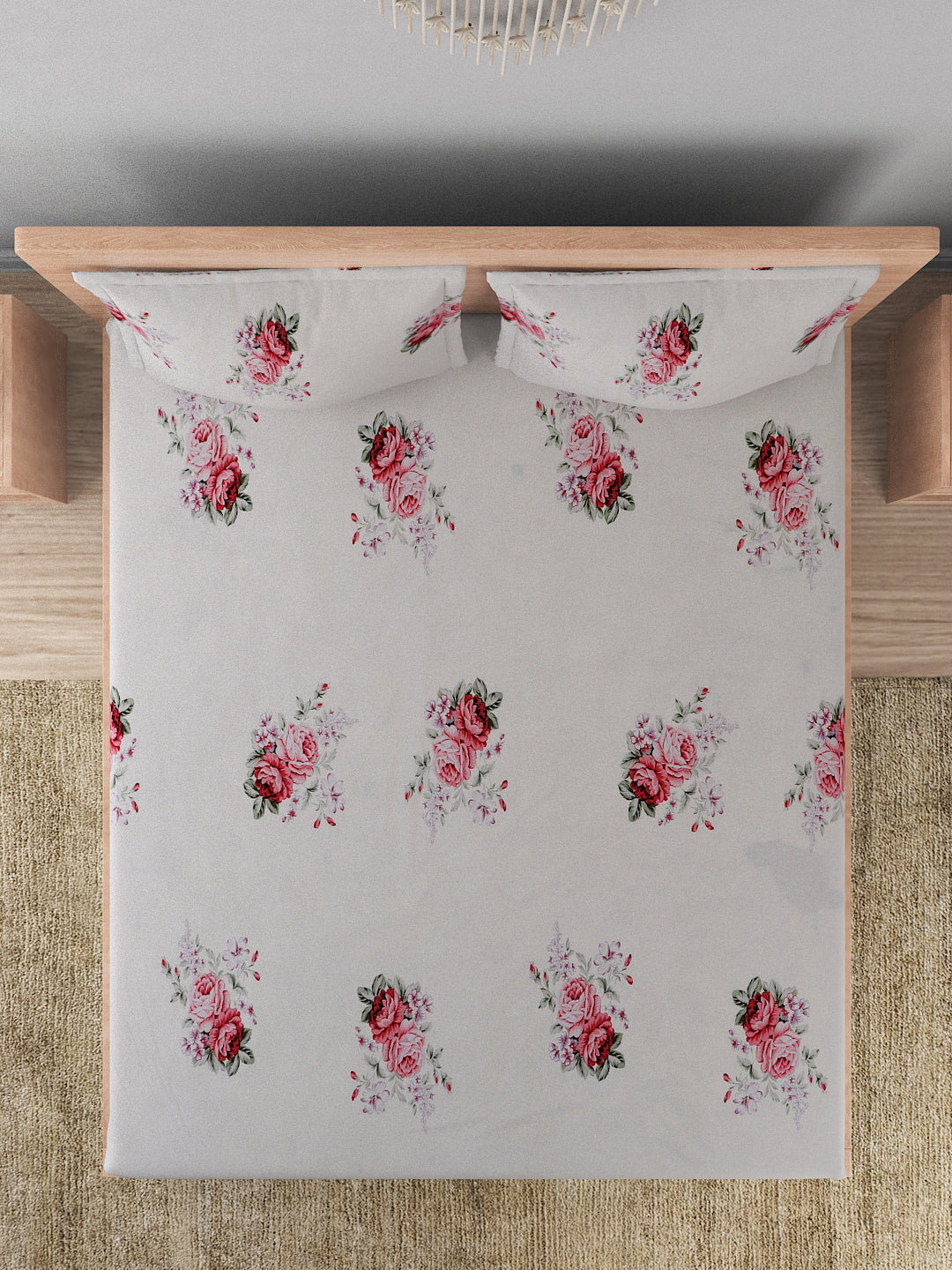 180 TC Double Bed Cotton Bedsheet with 2 Pillow Covers-Floral Red