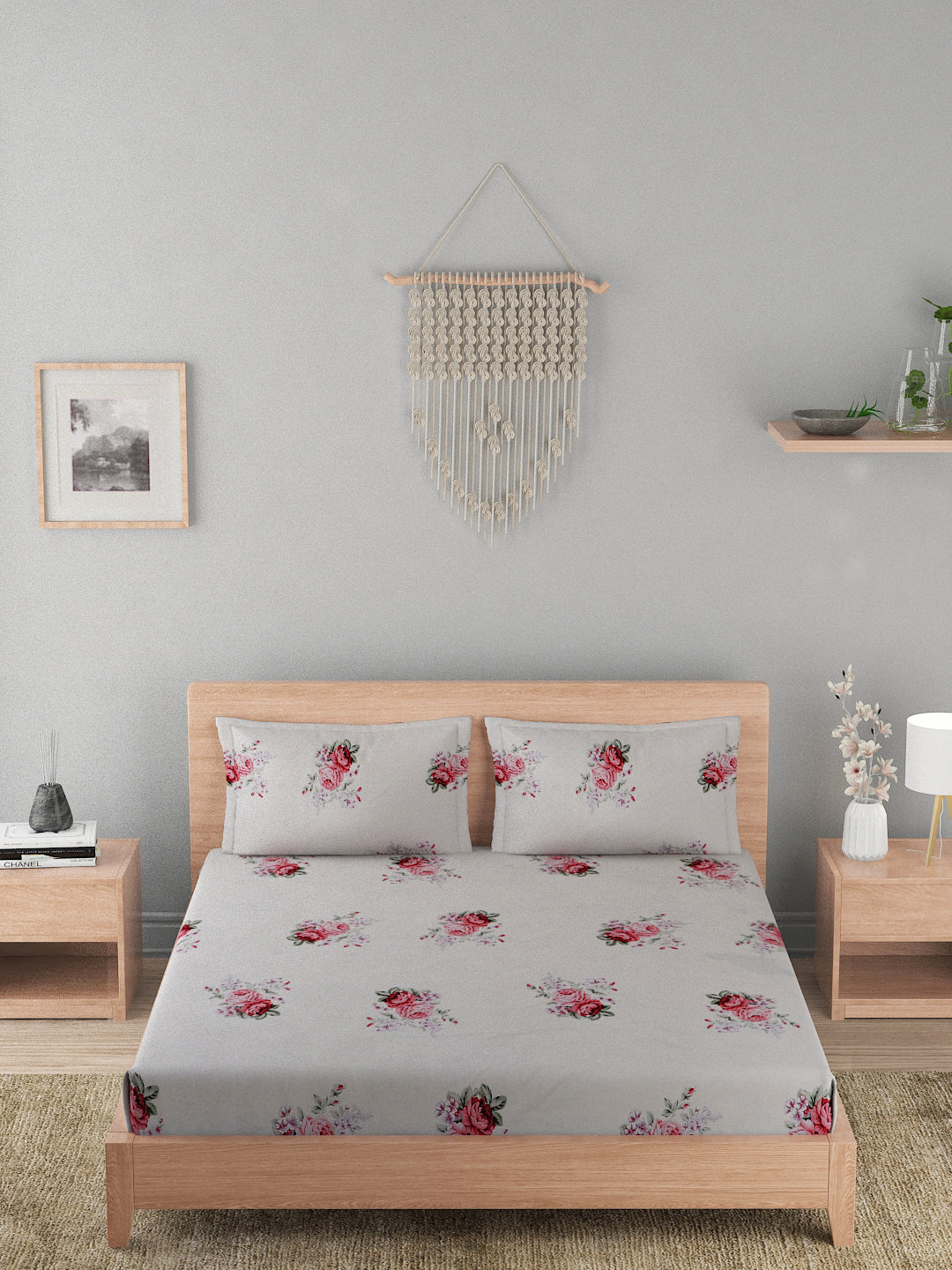 180 TC Double Bed Cotton Bedsheet with 2 Pillow Covers-Floral Red