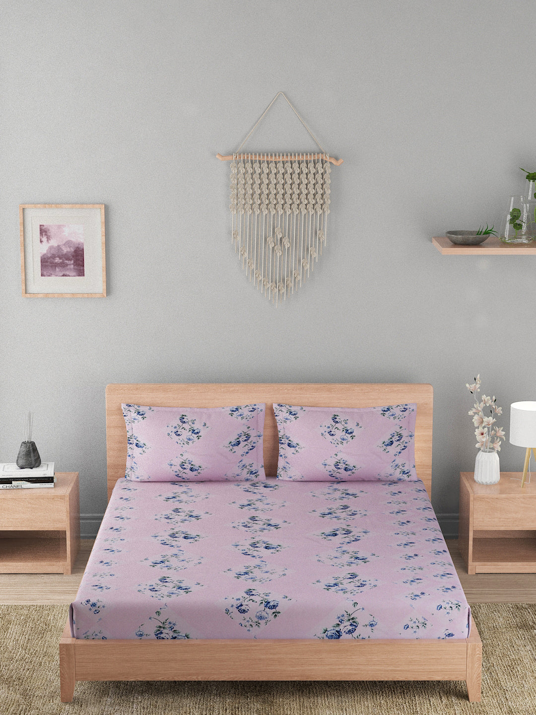 180 TC Double Bed Cotton Bedsheet with 2 Pillow Covers-Light Pink