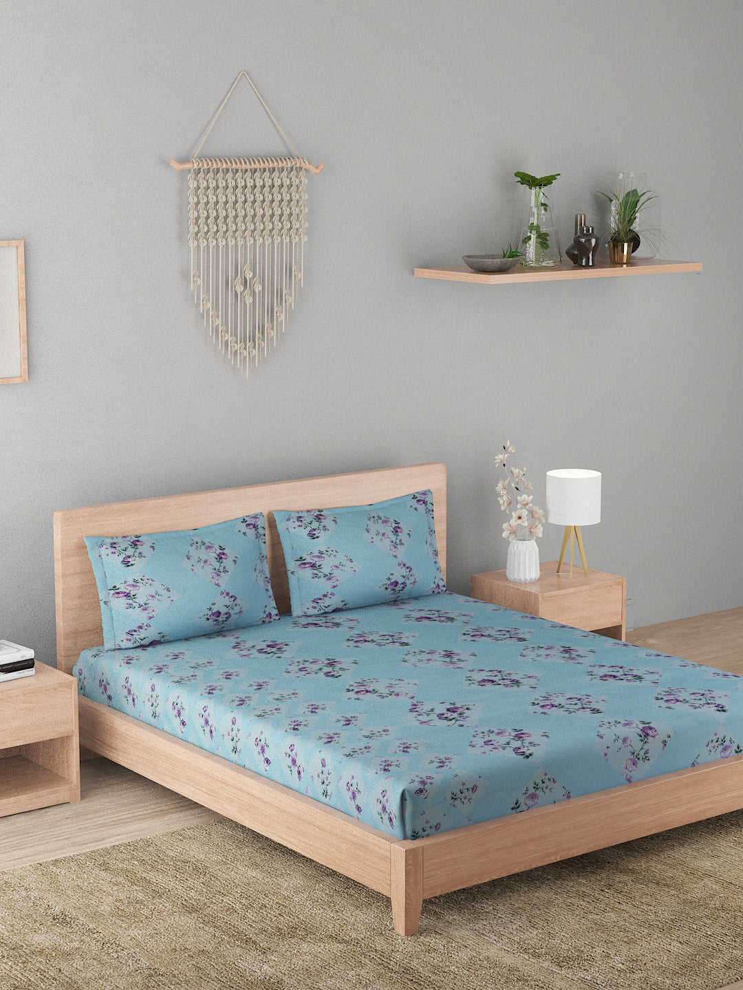 180 TC Double Bed Cotton Bedsheet with 2 Pillow Covers-Light Blue