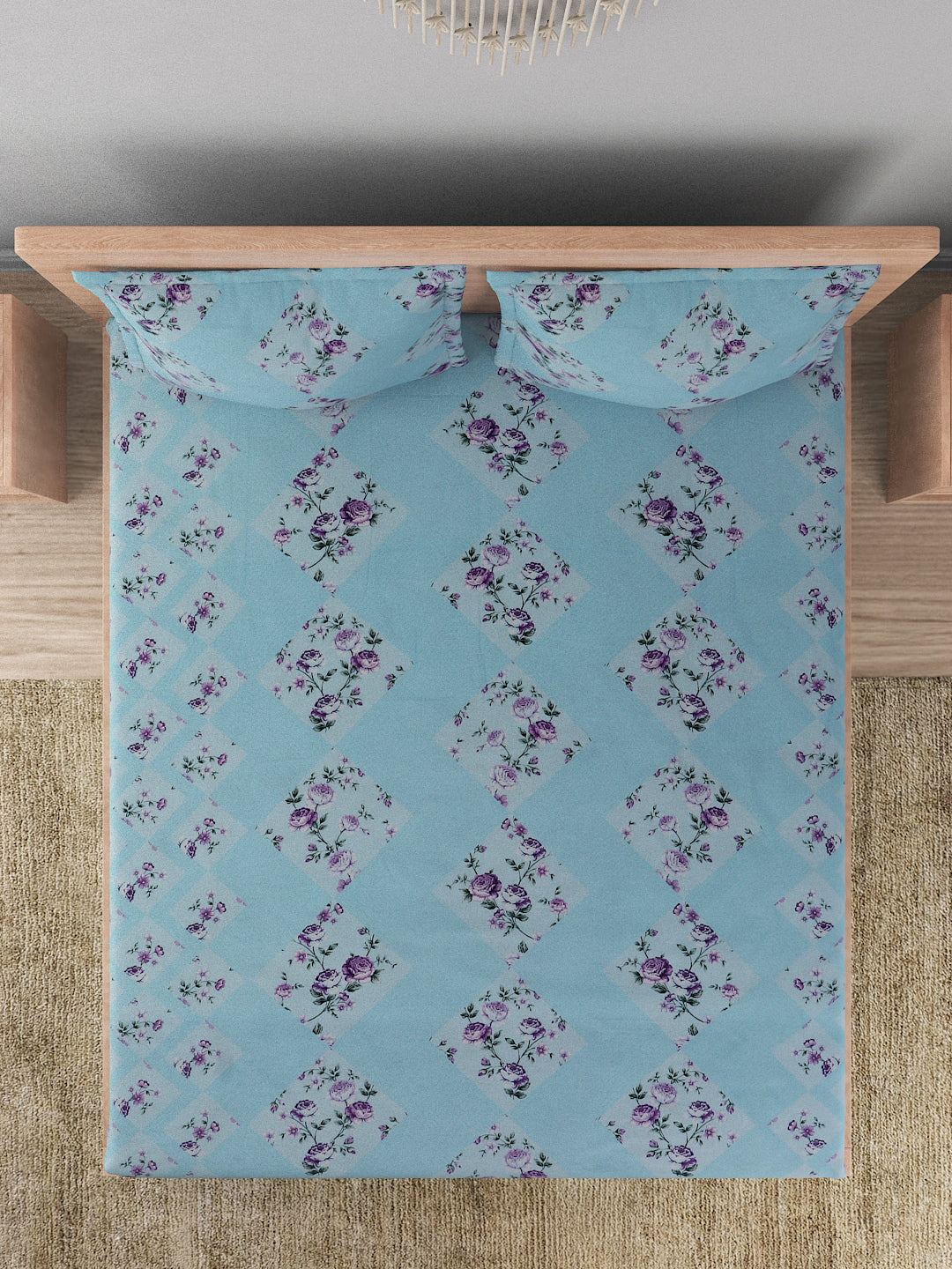 180 TC Double Bed Cotton Bedsheet with 2 Pillow Covers-Light Blue