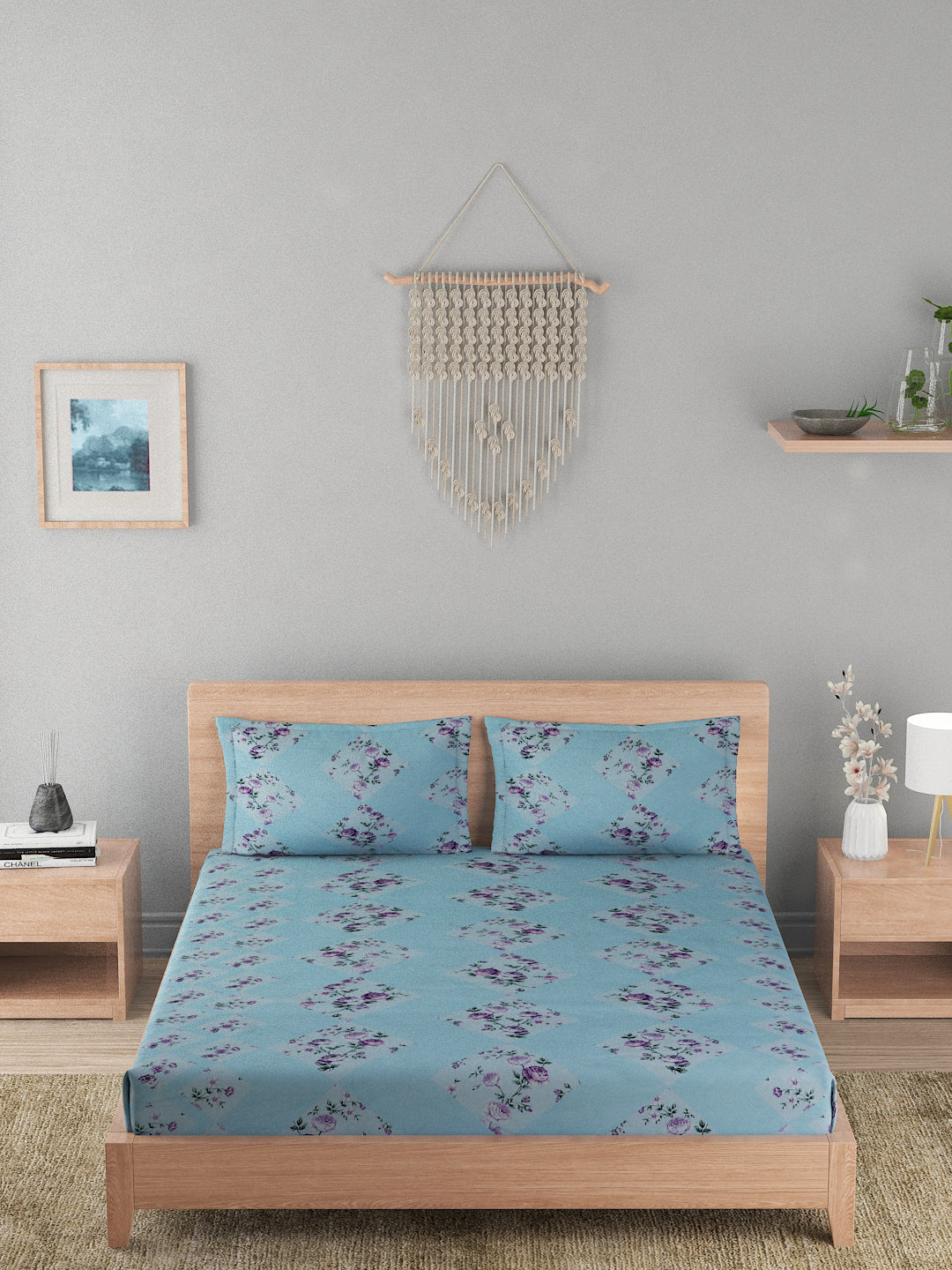 180 TC Double Bed Cotton Bedsheet with 2 Pillow Covers-Light Blue