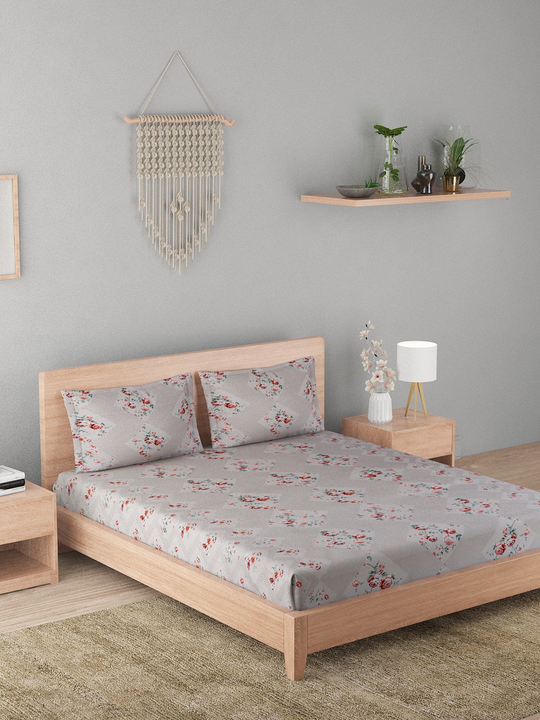 180 TC Double Bed Cotton Bedsheet with 2 Pillow Covers-Light Grey