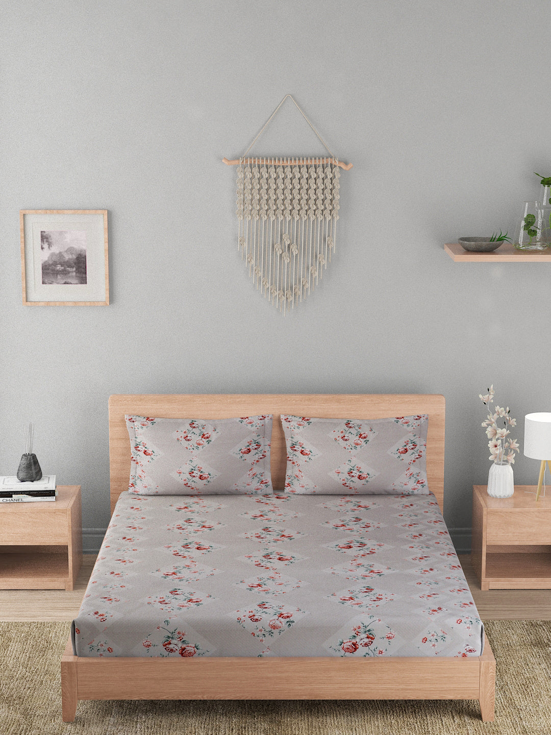 180 TC Double Bed Cotton Bedsheet with 2 Pillow Covers-Light Grey