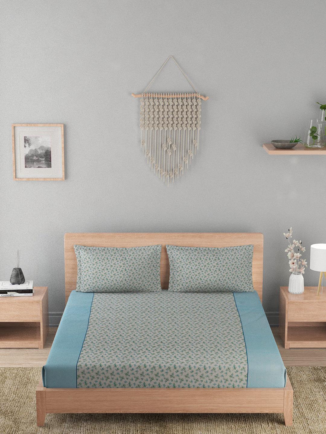 180 TC Double Bed Cotton Bedsheet with 2 Pillow Covers-Multicolor Blue