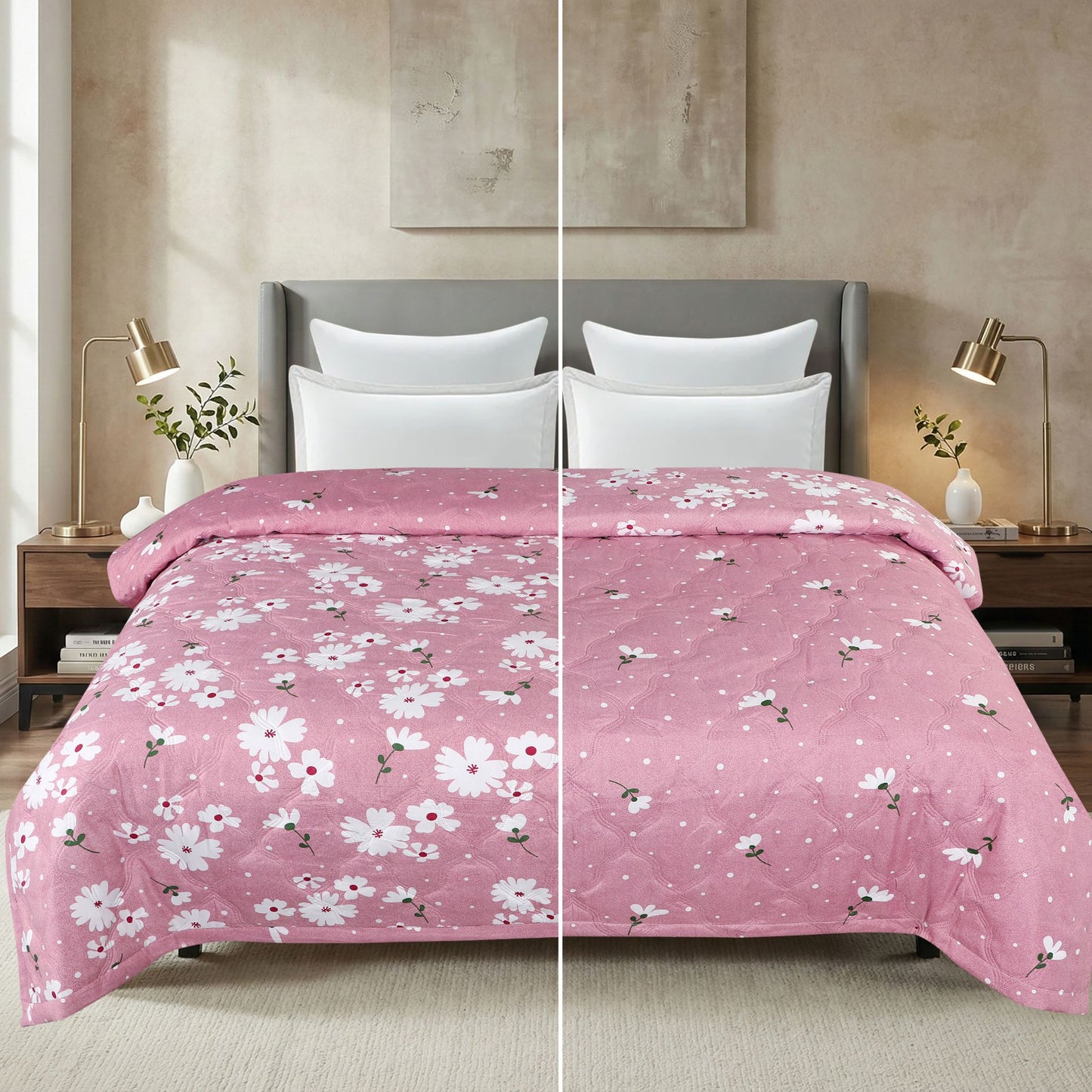 Bed with pink floral comforter in a bedroom setting