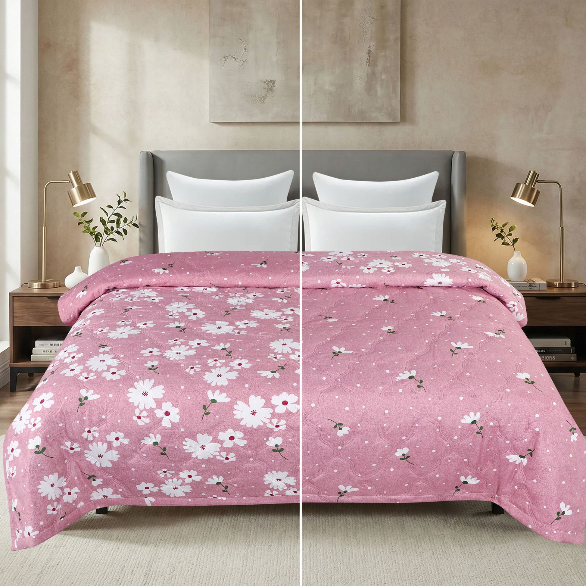 Bed with pink floral comforter in a bedroom setting