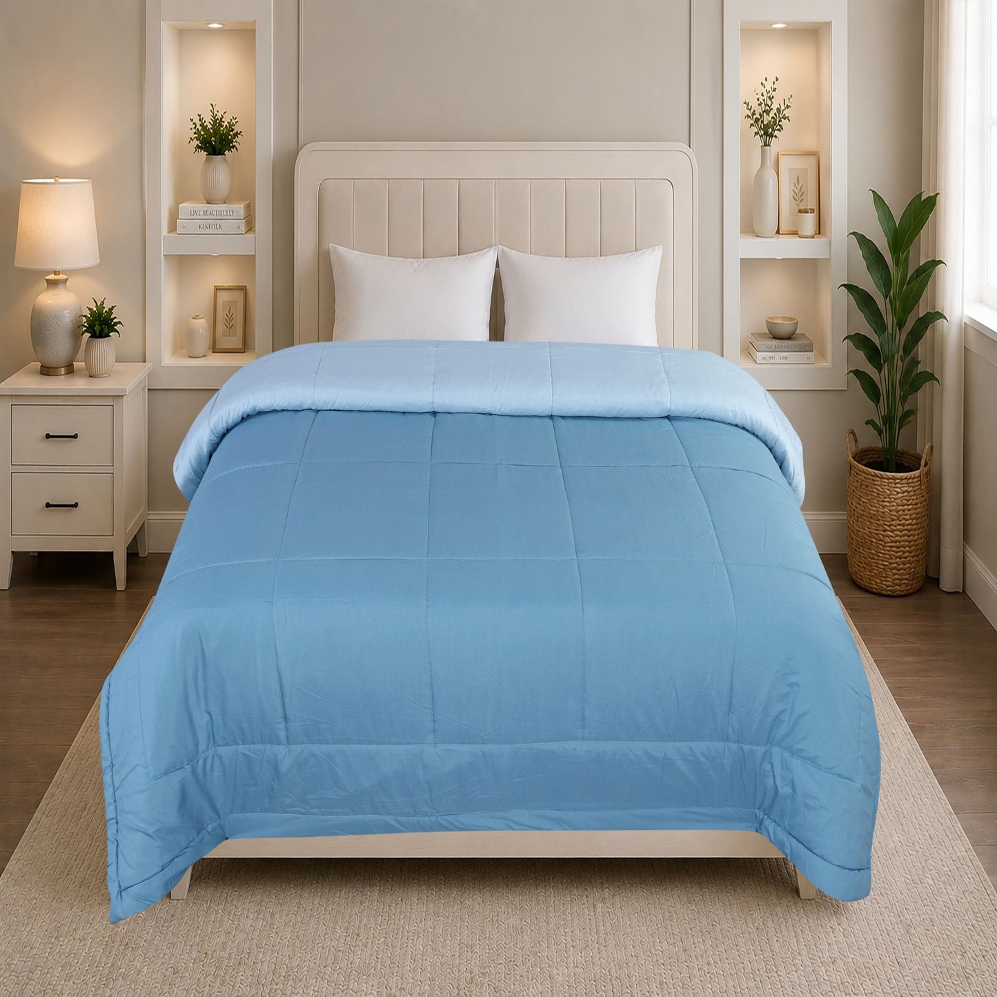 A HOME GRACE Reversible Comforter | Ultra Soft & Lightweight AC Comforter for All Seasons | Quilted Blanket with Box Stitching | Durable, Hand & Machine Washable | Sky-Denim