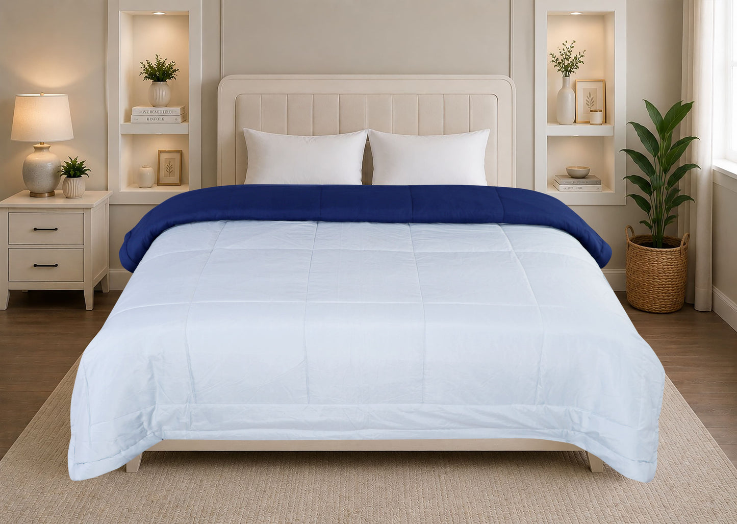 A HOME GRACE Reversible Comforter | Ultra Soft & Lightweight AC Comforter for All Seasons | Quilted Blanket with Box Stitching | Durable, Hand & Machine Washable | Midnight Blue-Chrome