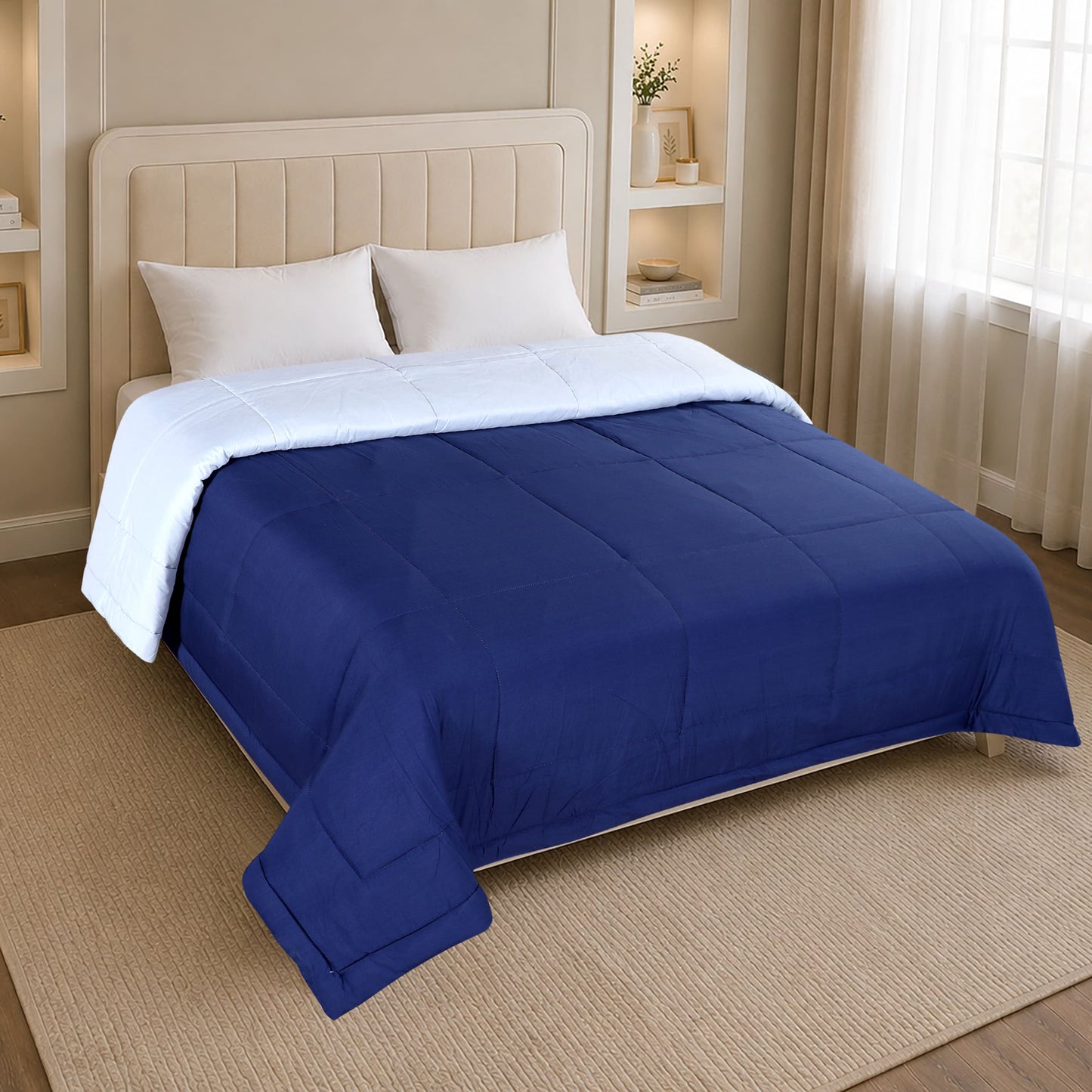 A HOME GRACE Reversible Comforter | Ultra Soft & Lightweight AC Comforter for All Seasons | Quilted Blanket with Box Stitching | Durable, Hand & Machine Washable | Midnight Blue-Chrome