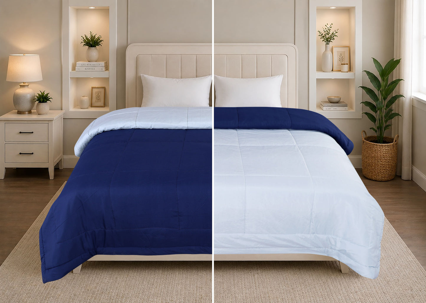 A HOME GRACE Reversible Comforter | Ultra Soft & Lightweight AC Comforter for All Seasons | Quilted Blanket with Box Stitching | Durable, Hand & Machine Washable | Midnight Blue-Chrome