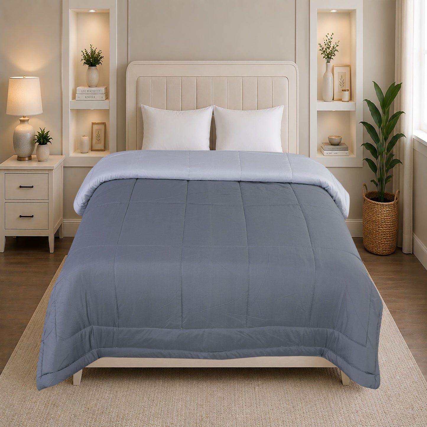 A HOME GRACE Reversible Comforter | Ultra Soft & Lightweight AC Comforter for All Seasons | Quilted Blanket with Box Stitching | Durable, Hand & Machine Washable | Pearl Grey-Ash Grey