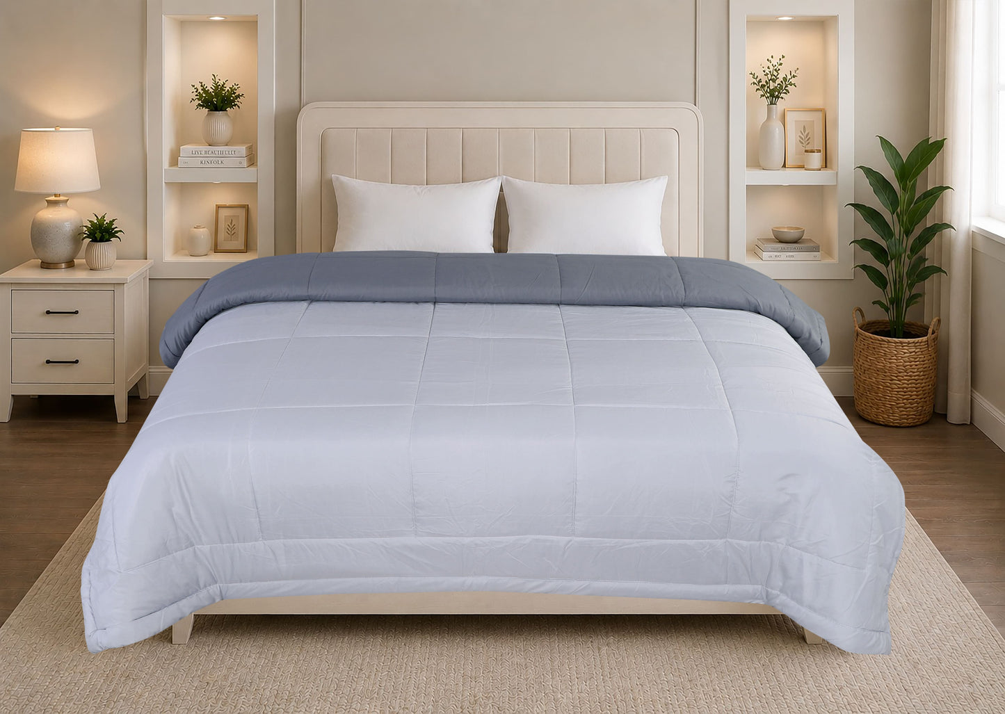 A HOME GRACE Reversible Comforter | Ultra Soft & Lightweight AC Comforter for All Seasons | Quilted Blanket with Box Stitching | Durable, Hand & Machine Washable | Pearl Grey-Ash Grey