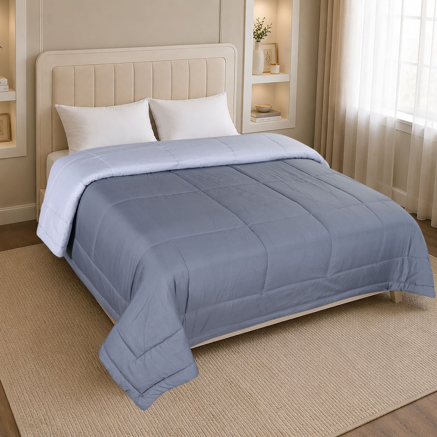 A HOME GRACE Reversible Comforter | Ultra Soft & Lightweight AC Comforter for All Seasons | Quilted Blanket with Box Stitching | Durable, Hand & Machine Washable | Pearl Grey-Ash Grey