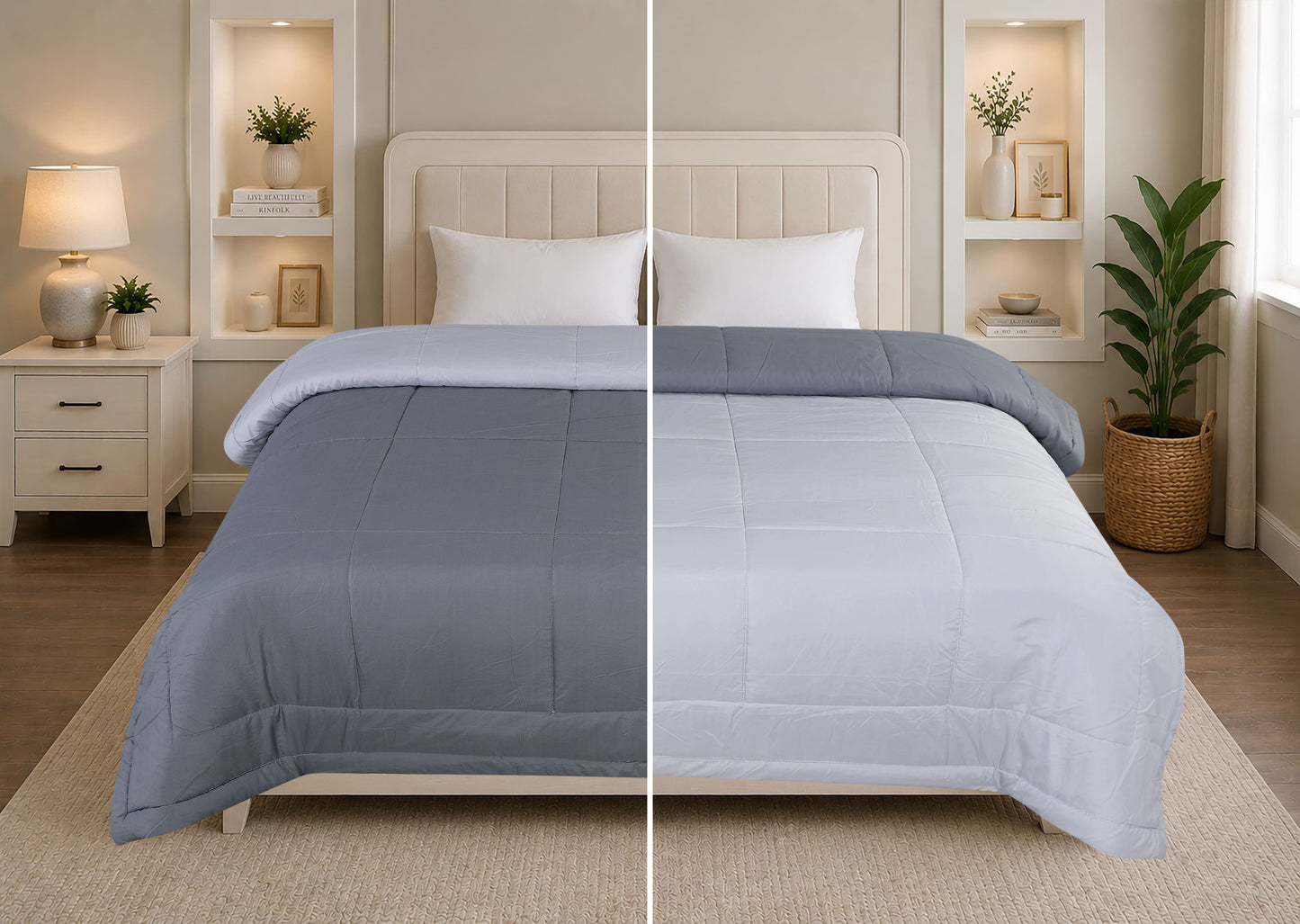 A HOME GRACE Reversible Comforter | Ultra Soft & Lightweight AC Comforter for All Seasons | Quilted Blanket with Box Stitching | Durable, Hand & Machine Washable | Pearl Grey-Ash Grey