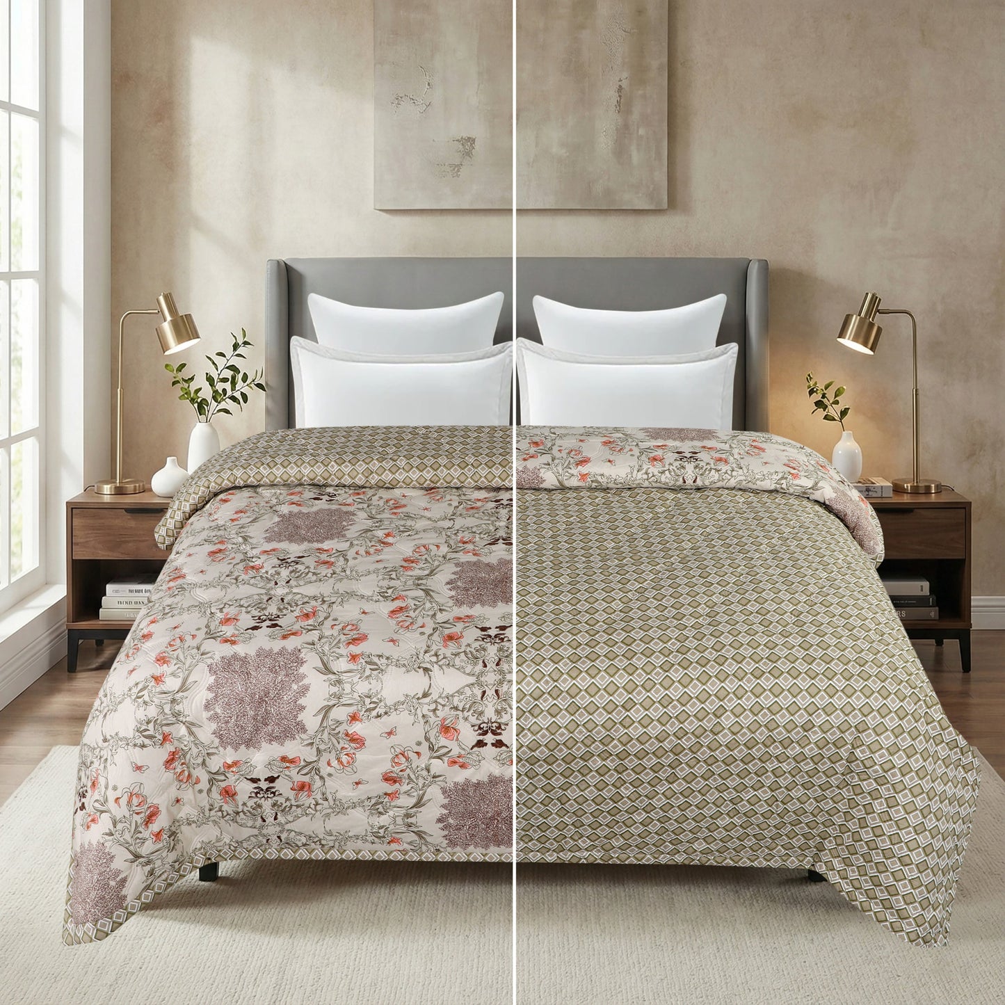 Brown Floral Print Light Weight Comforter