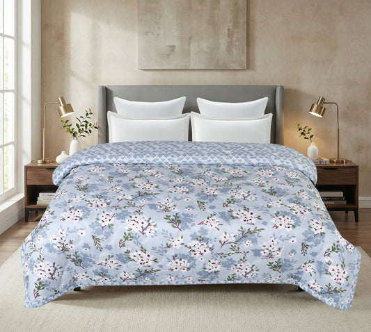 Sky Blue Floral Print Double Bed Light Weight Comforter