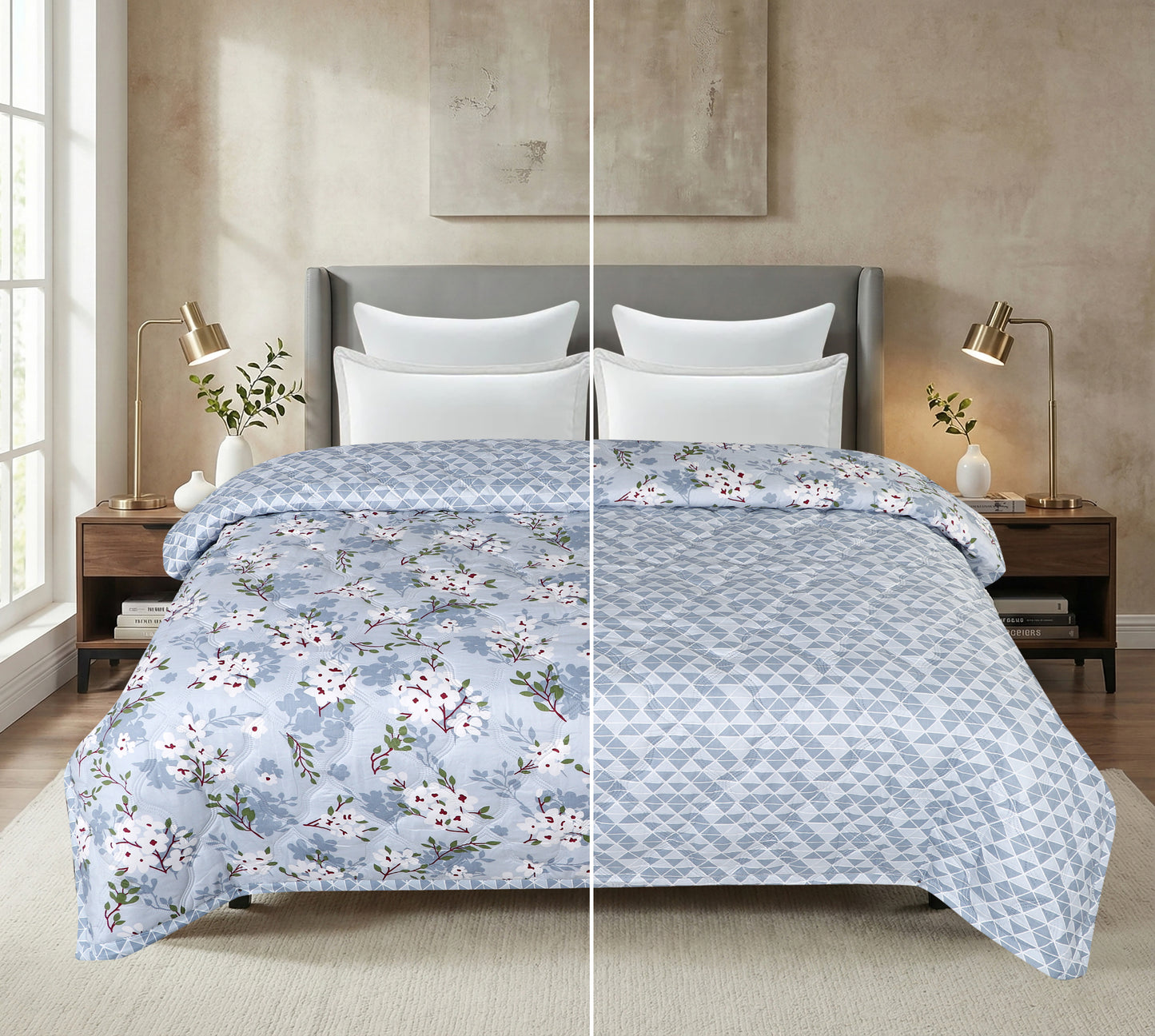 Sky Blue Floral Print Light Weight Comforter