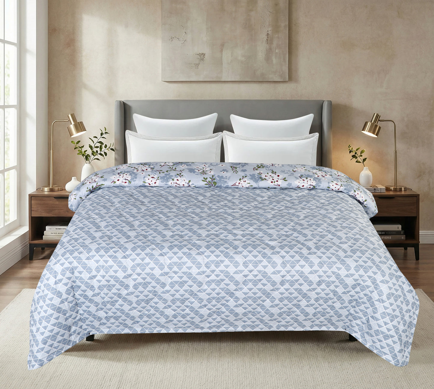 Sky Blue Floral Print Light Weight Comforter