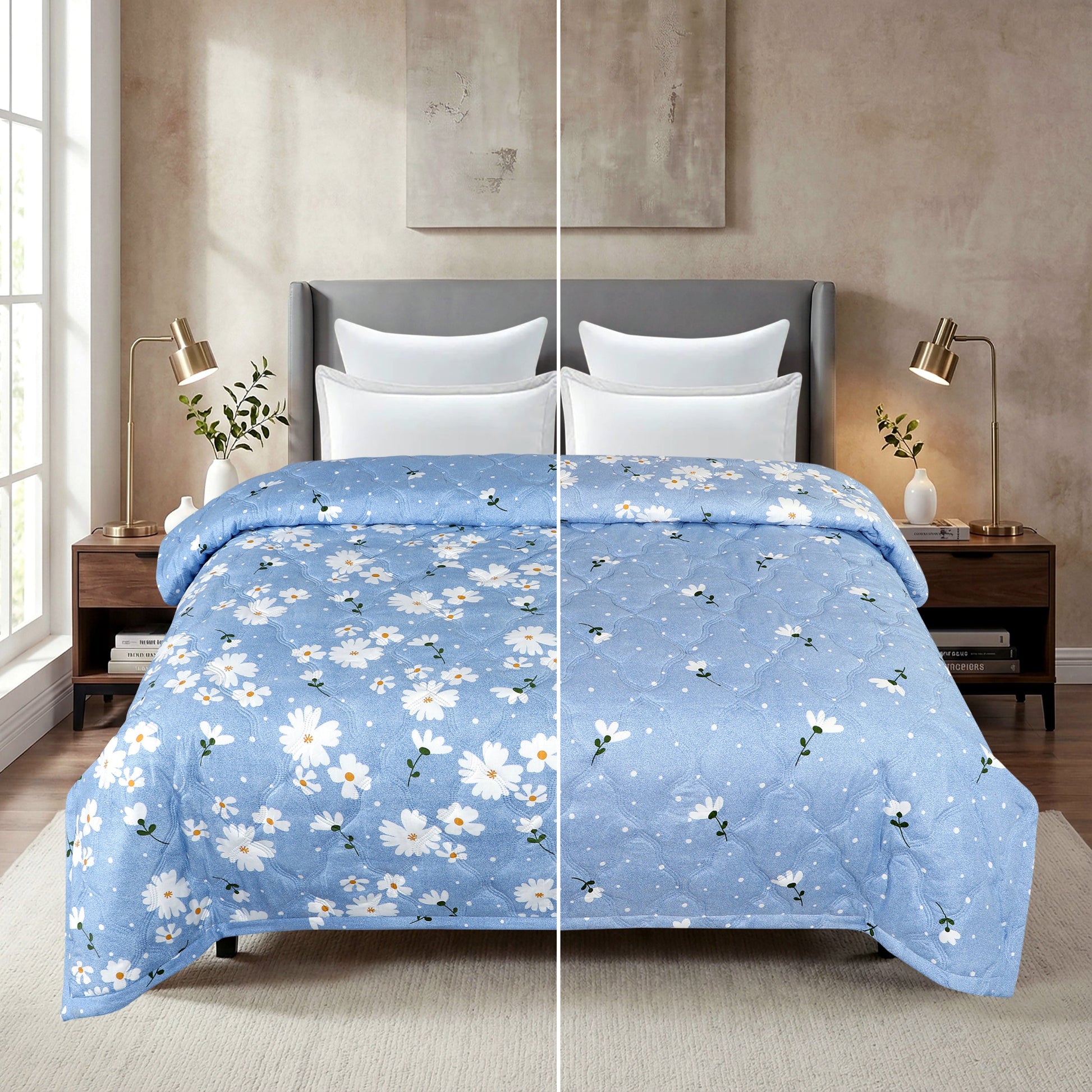 Blue floral comforter on a bed in a bedroom setting