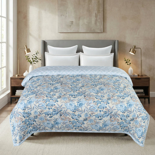 Vintage Blue Floral Print Double Bed Light Weight Comforter
