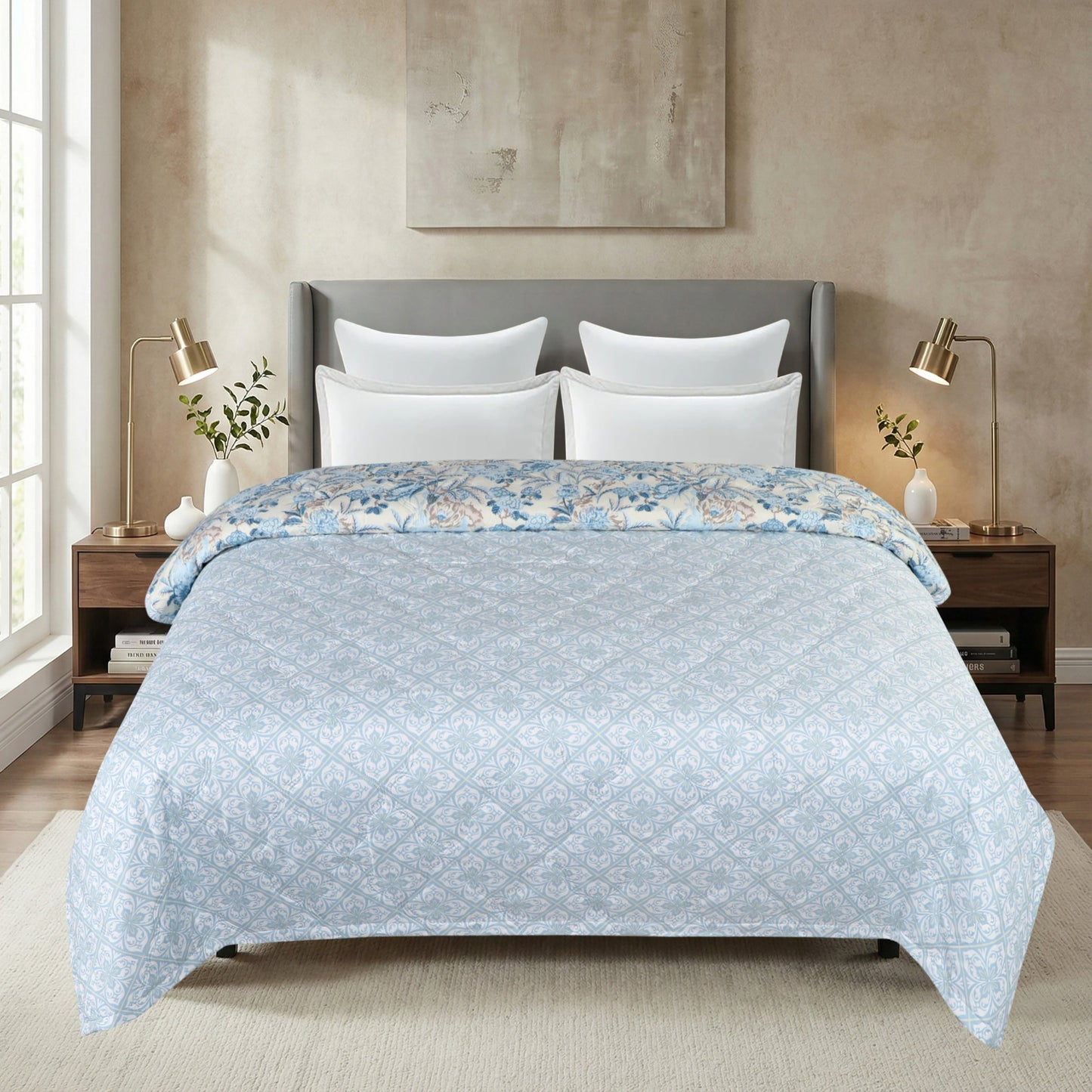 Vintage Blue Floral Print Light Weight Comforter