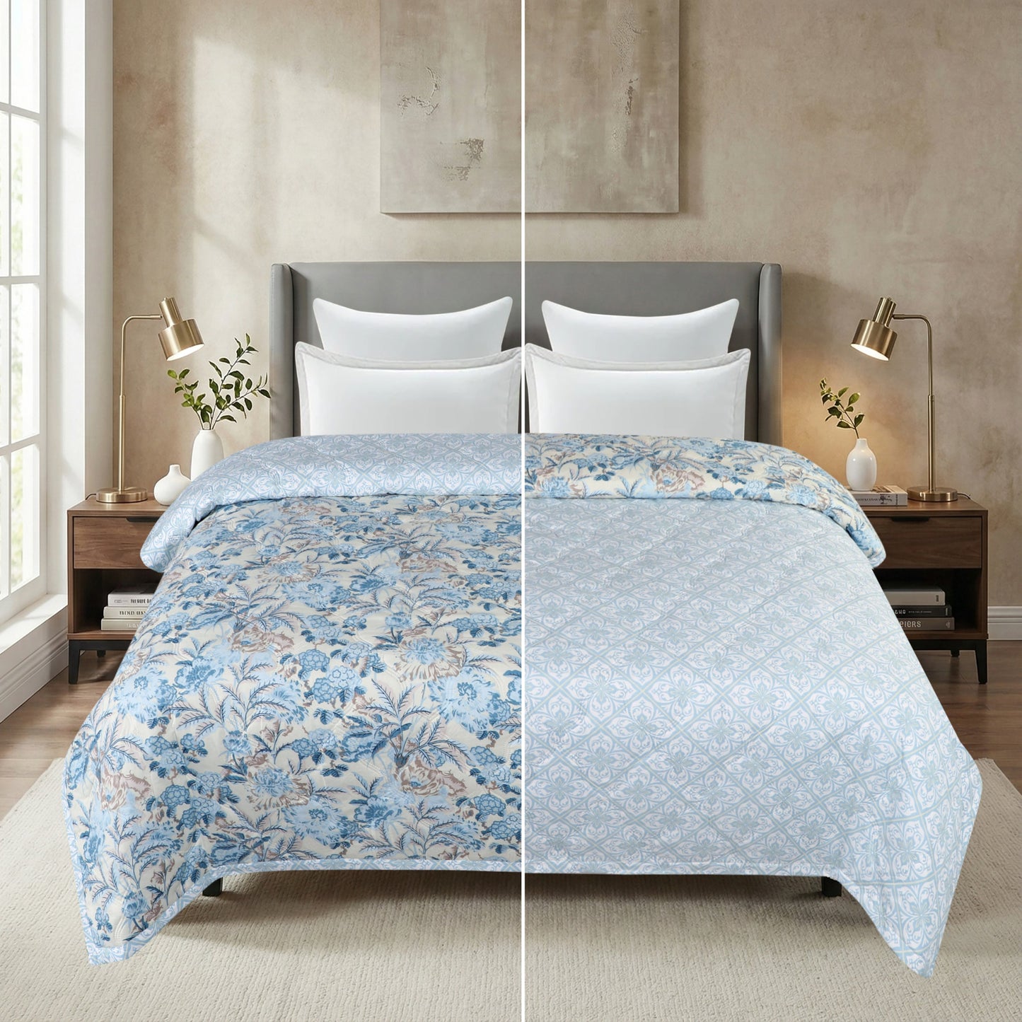 Vintage Blue Floral Print Light Weight Comforter