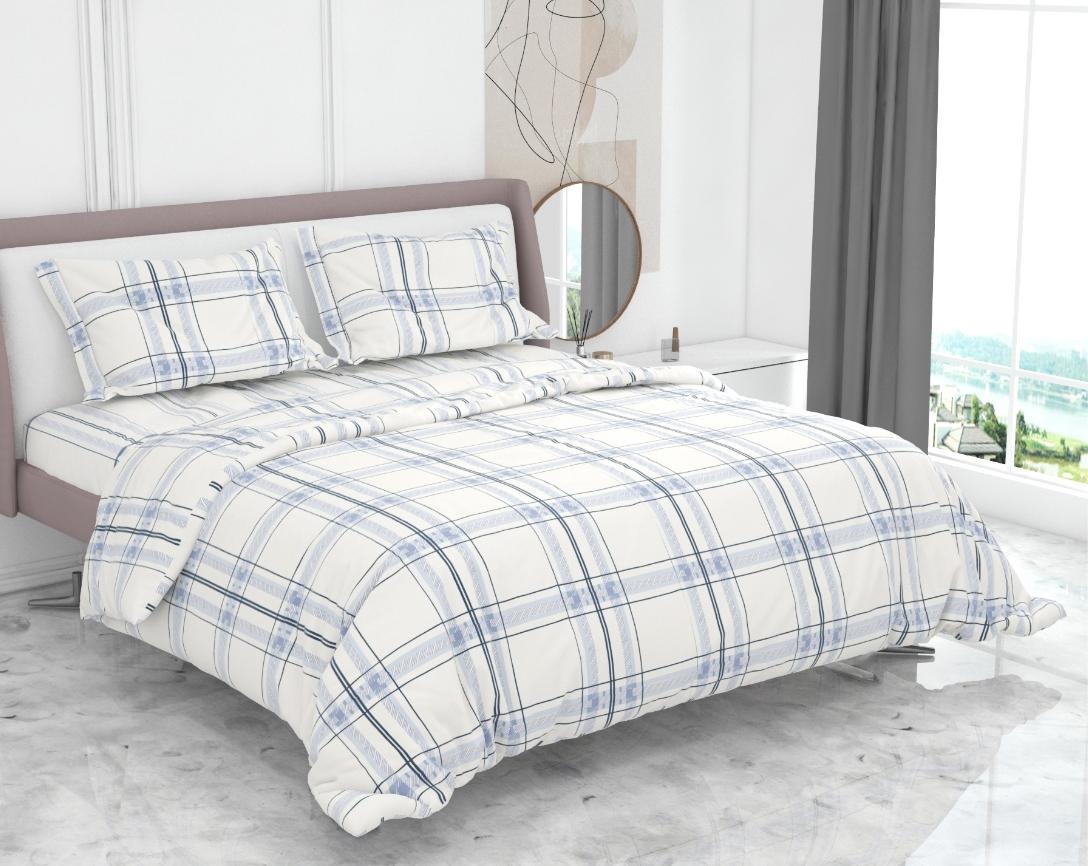 Premium Cotton King Size Double Bed Bedsheet With 2 Pillow Covers-White and Blue Checks