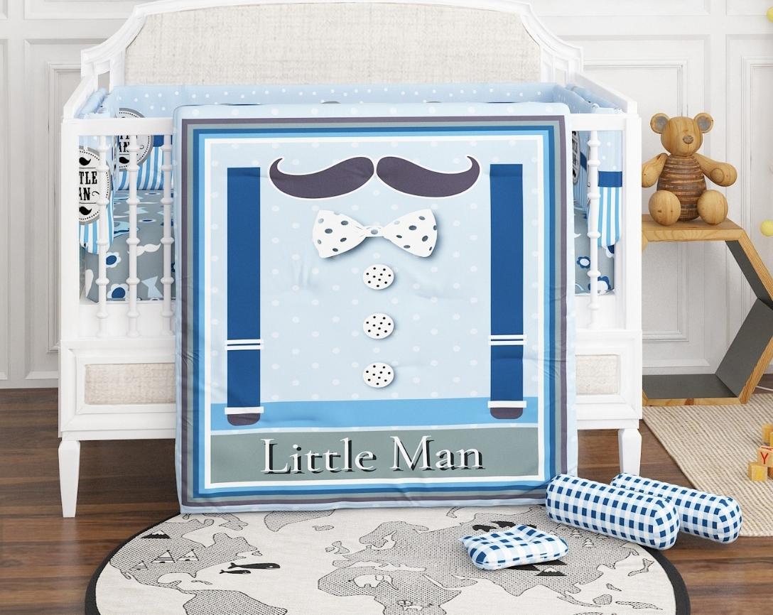 Newborn Cotton 6pc Cot Bedding Set Little Man Theme-Blue & Grey