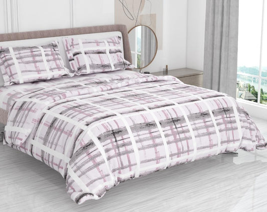 Premium Cotton King Size Double Bed Bedsheet With 2 Pillow Covers-Lavender and Grey Checks