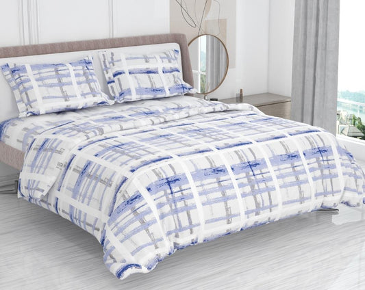 Premium Cotton King Size Double Bed Bedsheet With 2 Pillow Covers-Chocolate Blue and Grey Checks