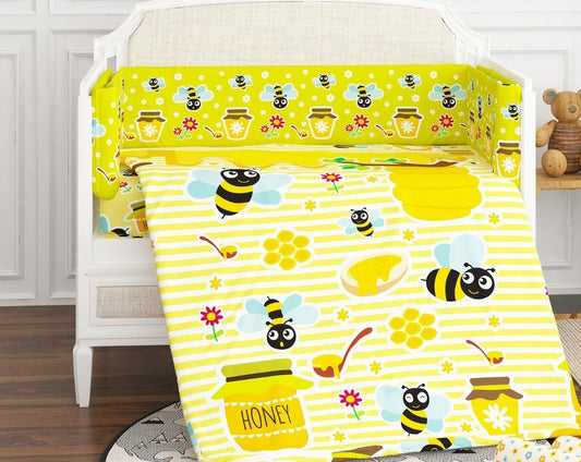 Newborn Cotton 6Pc Cot Bedding Set Honey Bee Theme-Multicolor