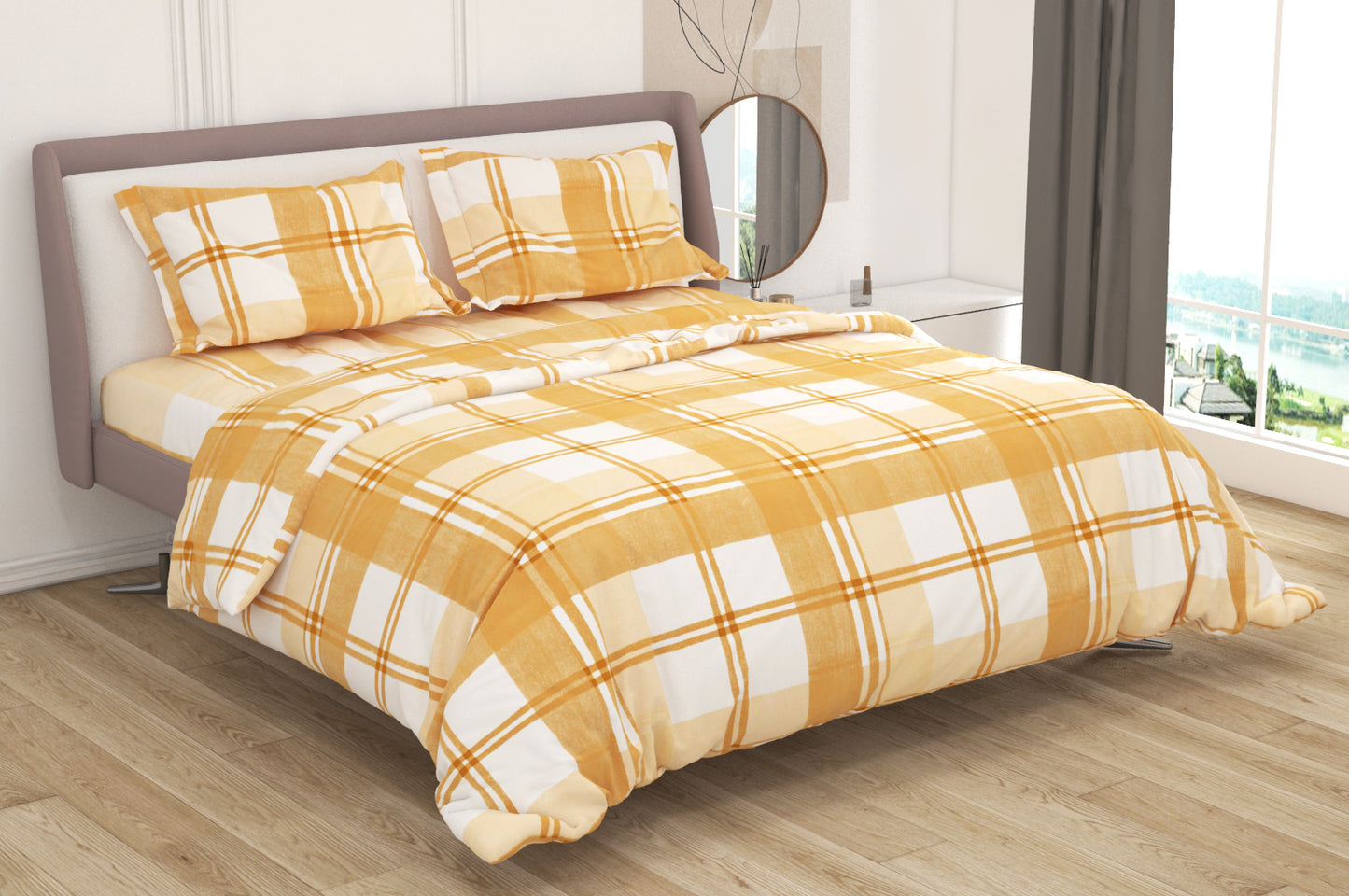 Premium Cotton King Size Double Bed Bedsheet With 2 Pillow Covers-Orange Check