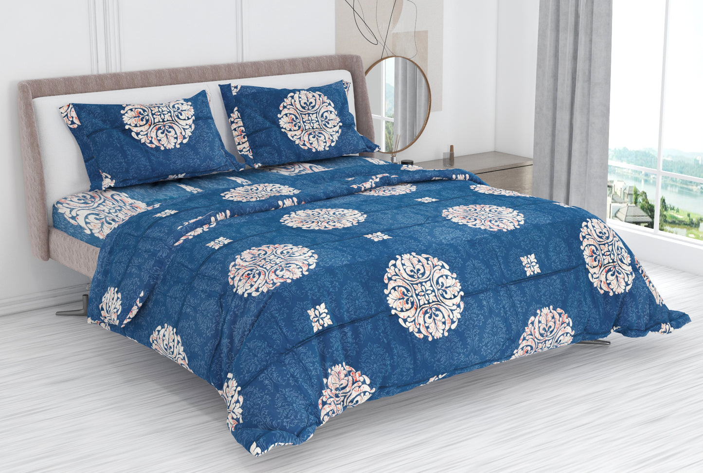 Premium Cotton King Size Double Bed Bedsheet With 2 Pillow Covers-Navy Blue