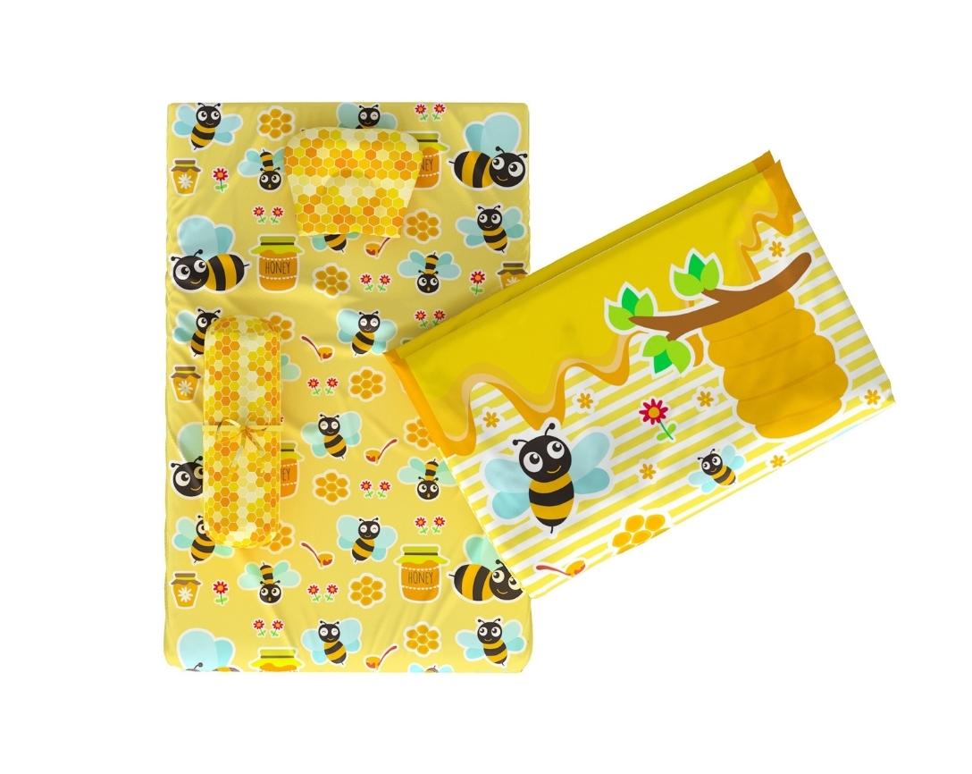 Newborn Cotton 5pc Bedding Set Honey Bee Theme (Gadda, Comforter, U Pillow, Bolsters)- Multicolor
