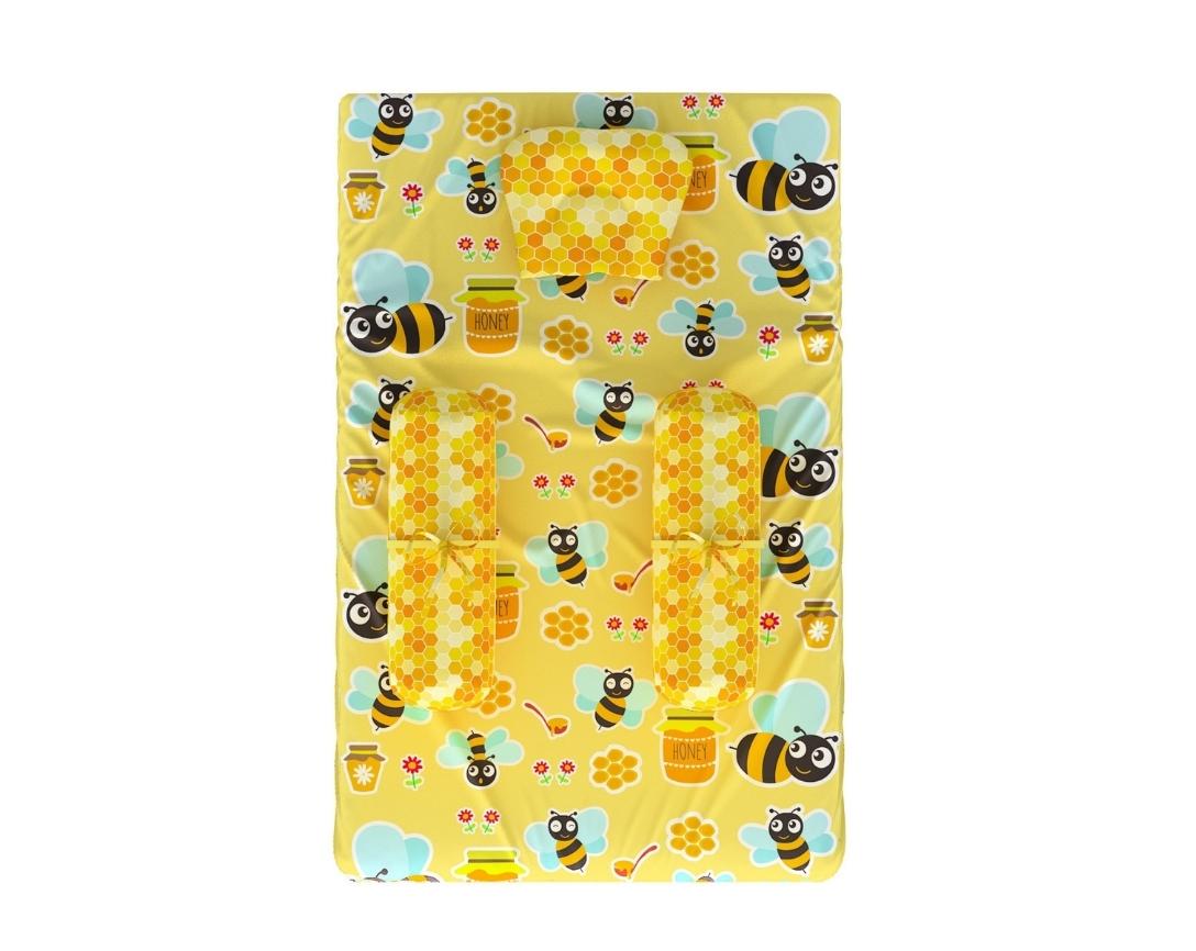 Newborn Cotton 5pc Bedding Set Honey Bee Theme (Gadda, Comforter, U Pillow, Bolsters)- Multicolor