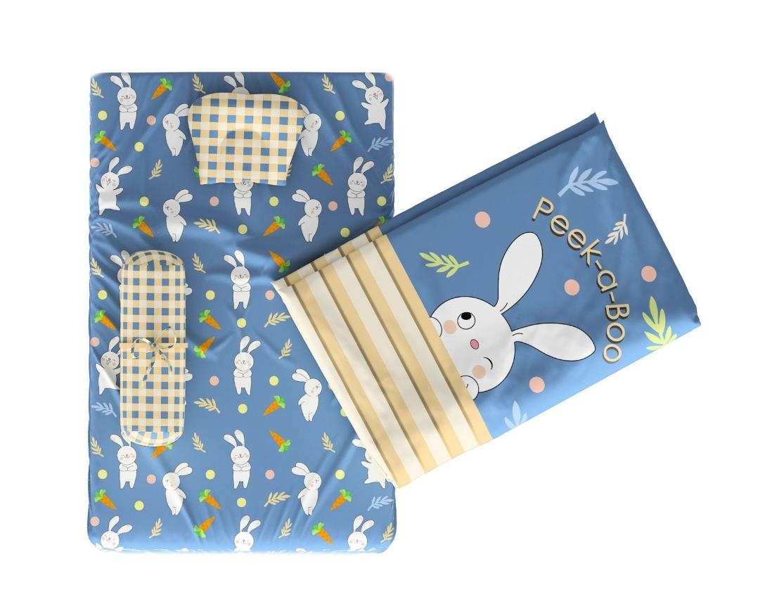 Newborn Cotton 5pc Bedding Set Peek a Boo Theme (Gadda, Comforter, U Pillow, Bolsters)- Navy Blue & Beige