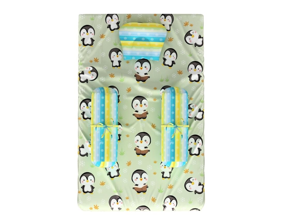 Newborn Cotton 5pc Bedding Set Penguin Theme (Gadda, Comforter, U Pillow, Bolsters)- Green & Blue