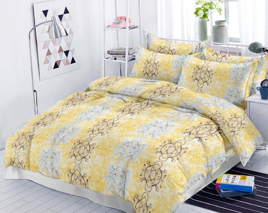 Premium Cotton King Size Double Bed Bedsheet With 2 Pillow Covers-Grey and Mustard