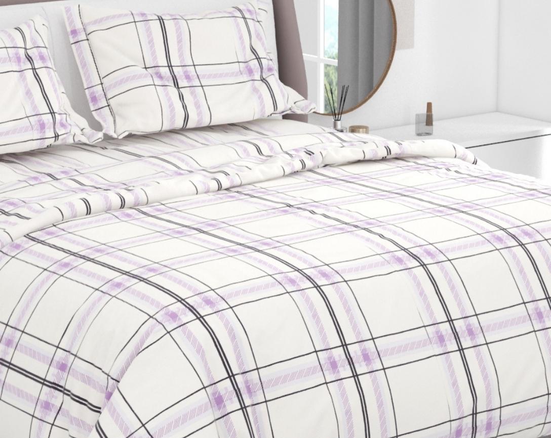 Premium Cotton King Size Double Bed Bedsheet With 2 Pillow Covers-White and Lavender Checks