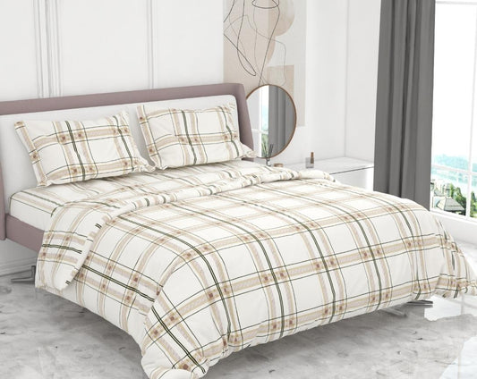 Premium Cotton King Size Double Bed Bedsheet With 2 Pillow Covers-White and Brown Checks