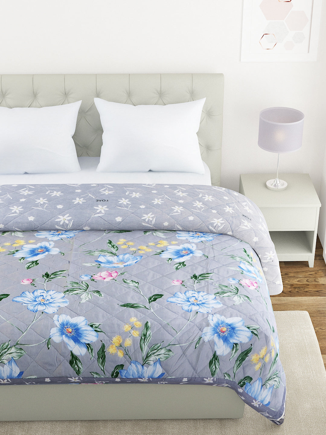 Floral Print Double Bed Light Weight Comforter- Multicolor Grey