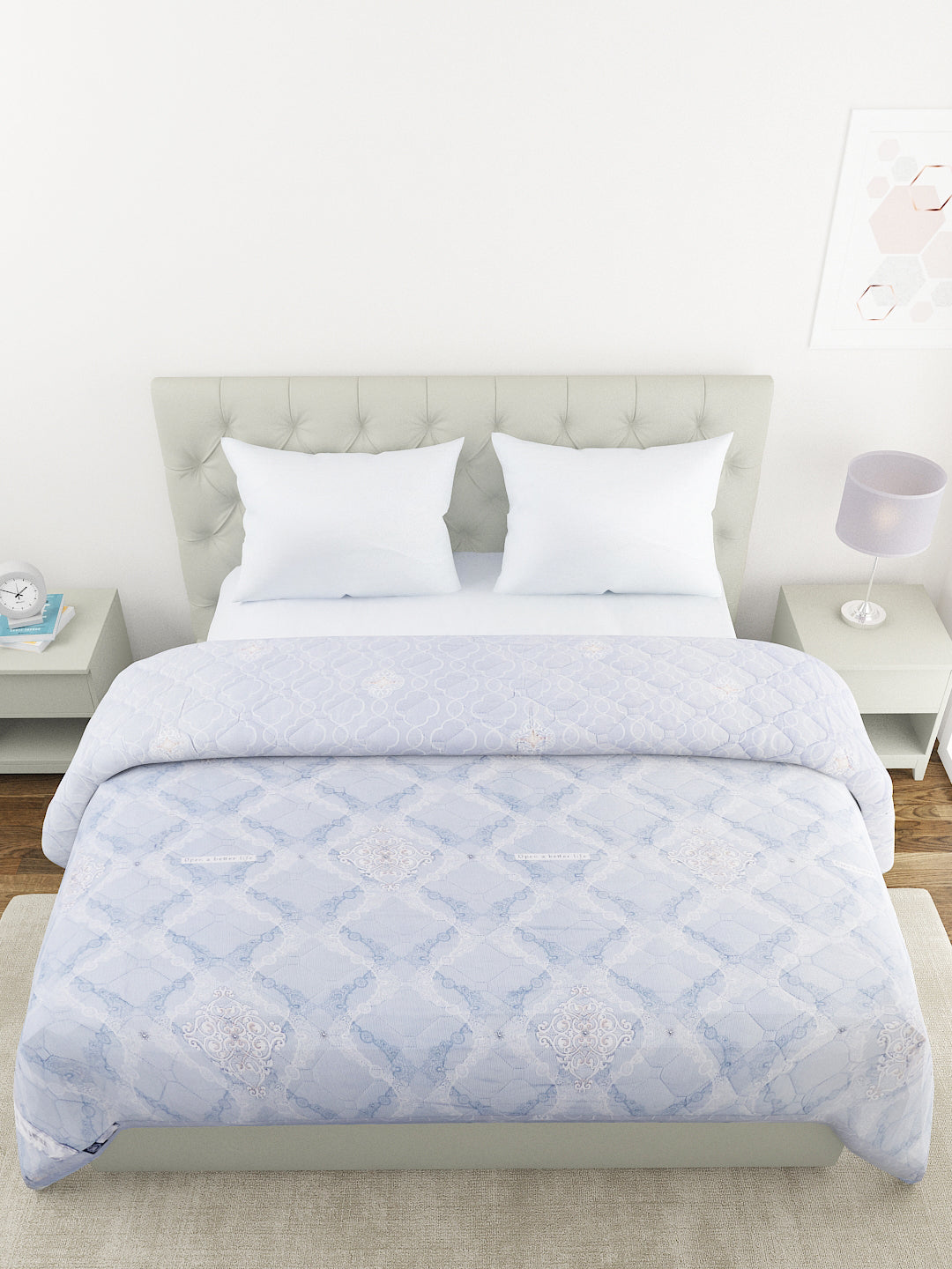 Floral Print Double Bed Light Weight Comforter- Light Blue