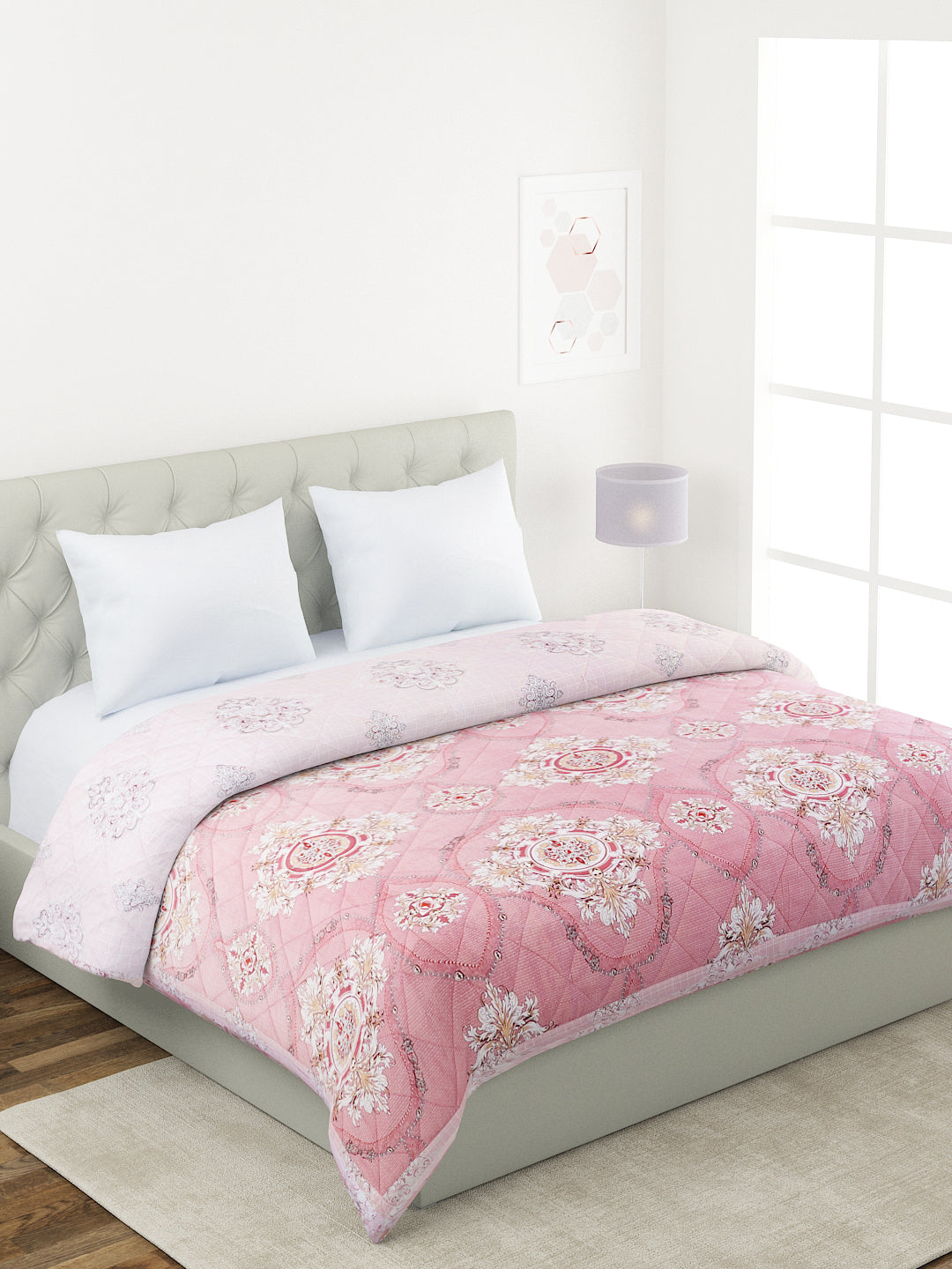 Floral Print Double Bed Light Weight Comforter- Light Pink