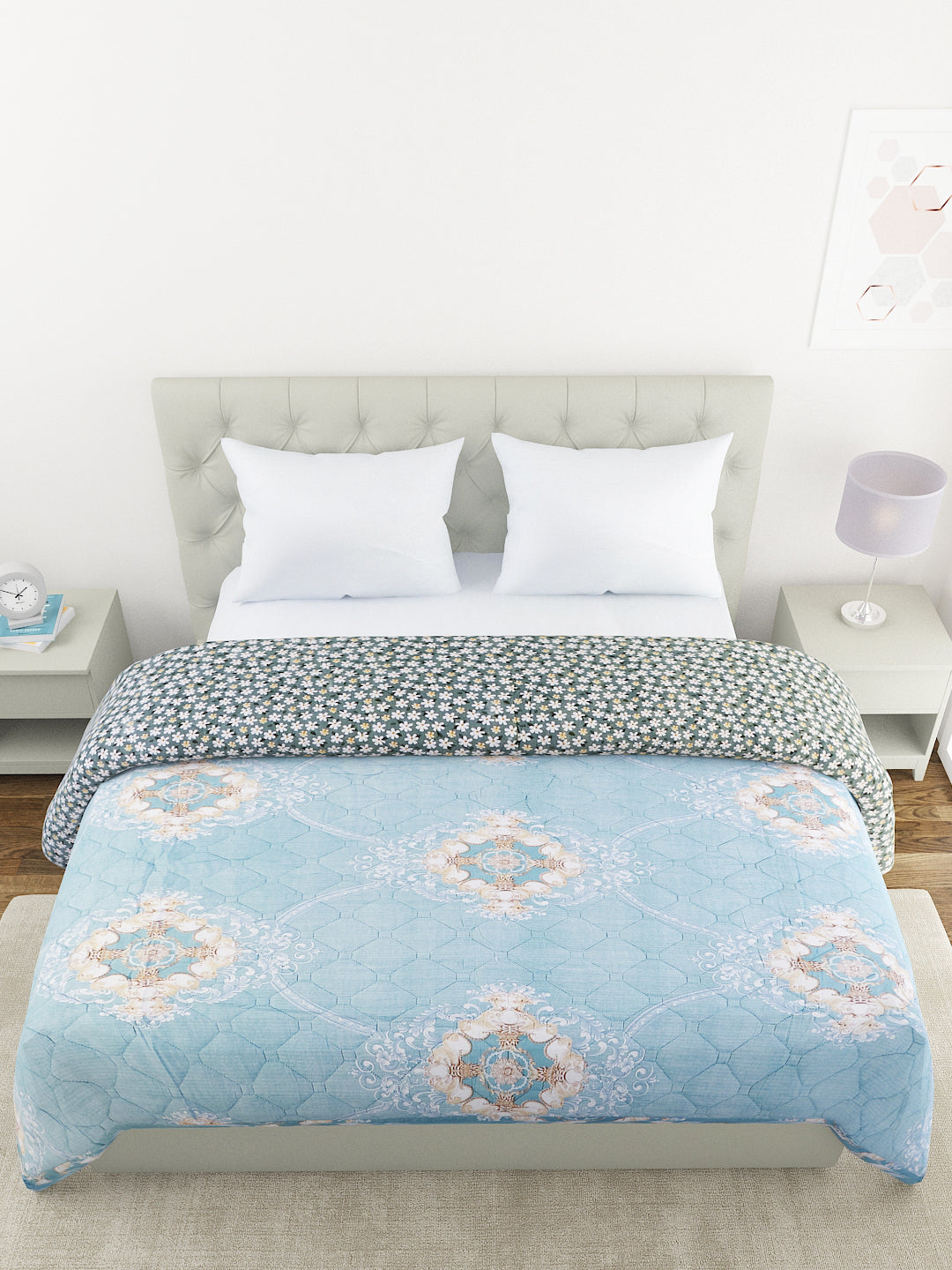 Floral Print Double Bed Light Weight Comforter- Sea Blue