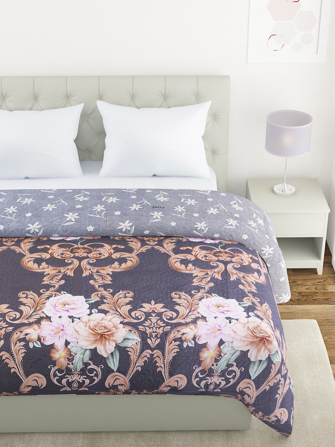 Floral Print Double Bed Light Weight Comforter-Grey and Brown